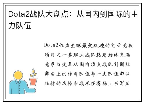 Dota2战队大盘点：从国内到国际的主力队伍