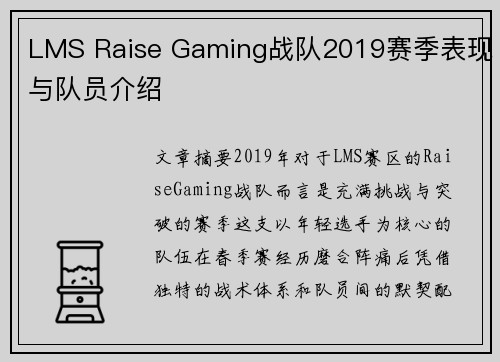 LMS Raise Gaming战队2019赛季表现与队员介绍